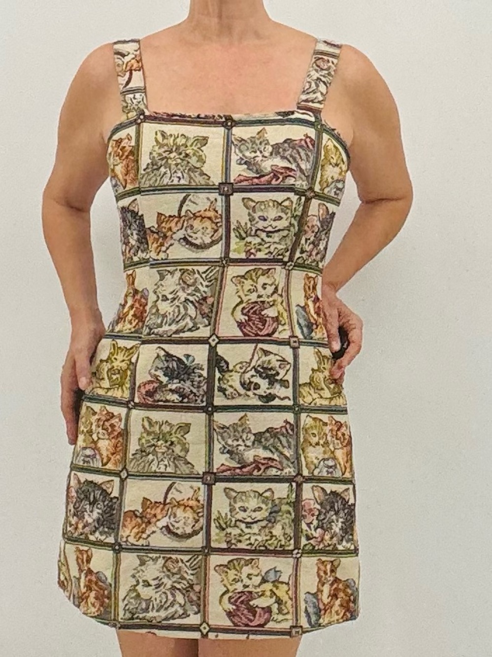 Cider NEW Artsy Cottagecore Coquette Tapestry Novelty Cat Print Patchwork Dress